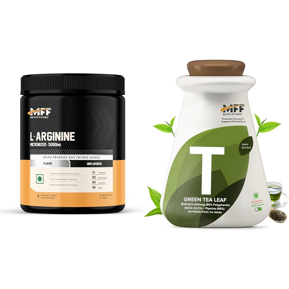 L-Arginine 200 gm (0.44 lbs) Unflavoured | MyFitFuel Green Tea Extract (90% Polyphenols, 42.5% EGCG) with Piperine 95%, (600mg), 180 Capsules