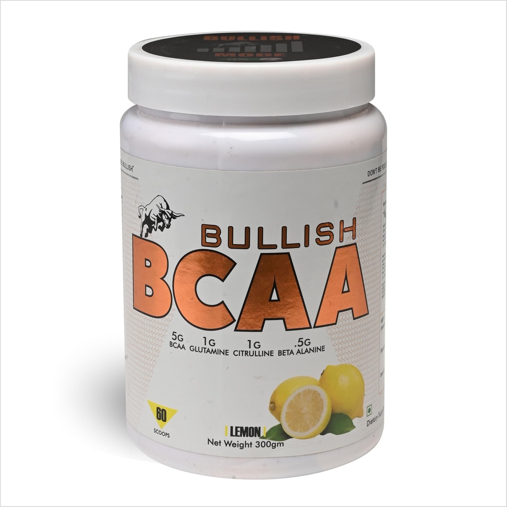 Bullish BCAA Powder with Glutamine and Beta Alanine, Lemon Flavour, 300g, 60 Scoops