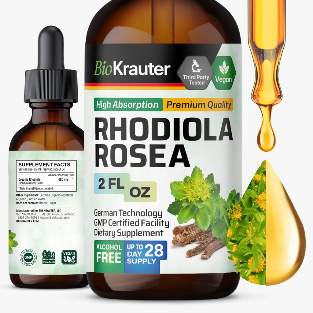 BIO KRAUTER Rhodiola Rosea Supplement Liquid - Pure Rhodiola Rosea Tinctuur - Vegan kalmte ondersteuning - Alcohol en suikervrij Extract 2 Fl.Oz.