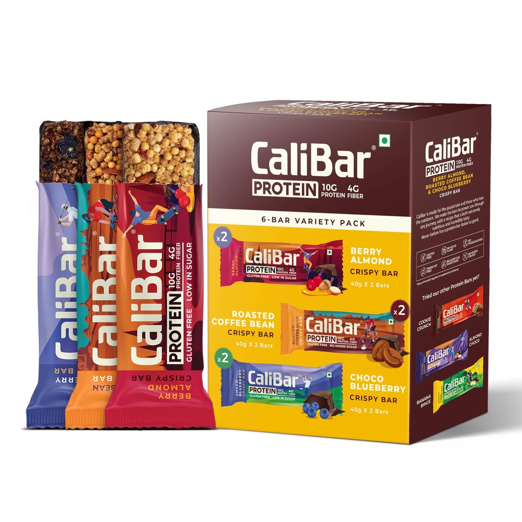 CaliBar 10g Protein Bar - Berry Almond + Roasted Coffee Bean + Choco BlueBerry Crispy Bar (Combo Pack of 6) Variety Pack , With Real Coffee, With Real Bits of Cranberry & Blackcurrant, Low In Sugar, Sweetened With Honey, Gluten-Free, 4g Fiber, No Preservatives, No Palm Oil, Delicious Taste & 100% Veg. | Guilt-Free snacking for High Protein diets, Sustained Energy, Fitness & Immunity (40g x 6 Bars)