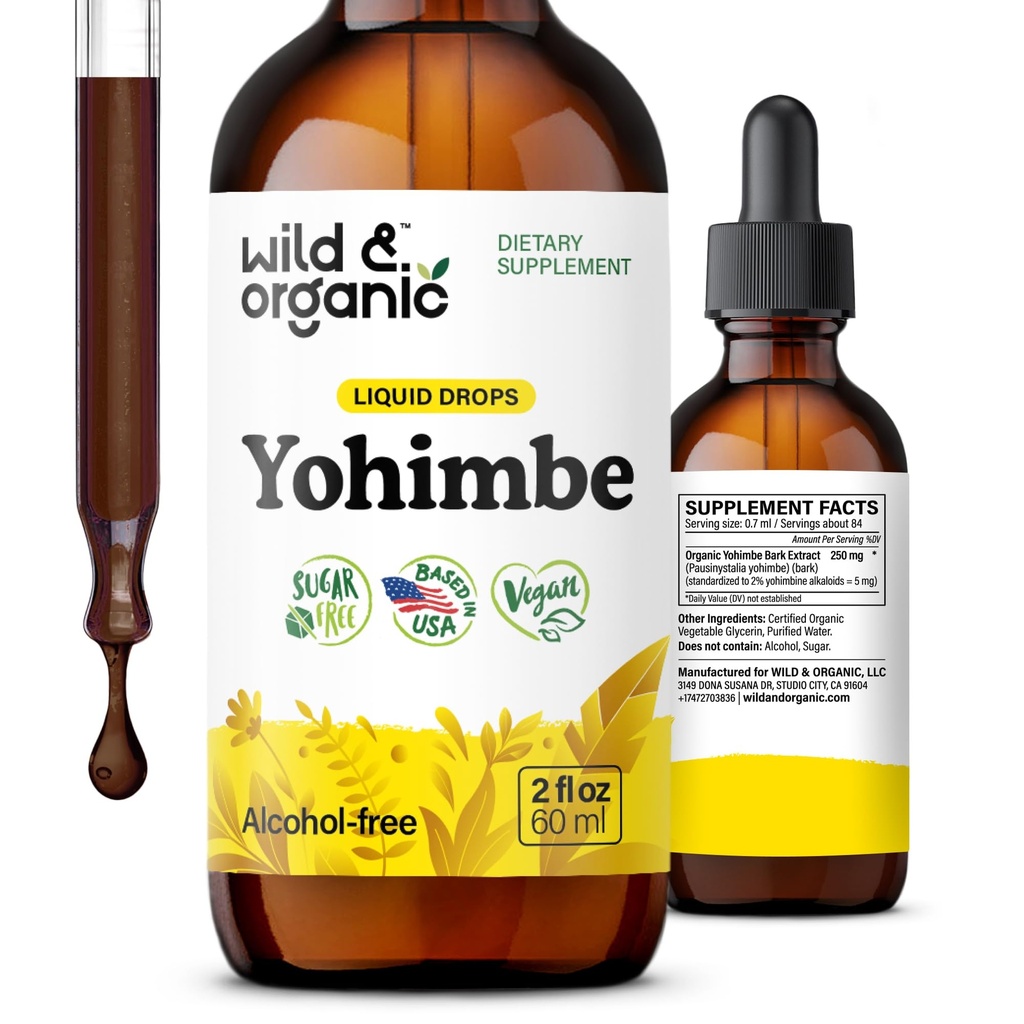 Suppléments de Yohimbe sauvage et biologique pour les hommes et les femmes - 5 mg Yohimbine gouttes d'extrait liquide - Pausinystalia Yohimbe Teinture d'écorce - végétalien, sans alcool - 2 fl oz