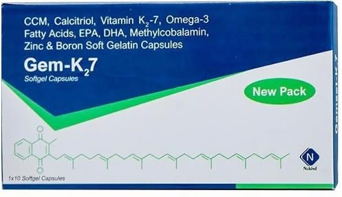 Gem-K27 Softgel Capsule one pack of 10 capsule is a blend of Calcitriol, Calcium Citrate Malate, Vitamin K2-7, Omega-3 fatty acids (EPA/DHA), Zinc & Boron