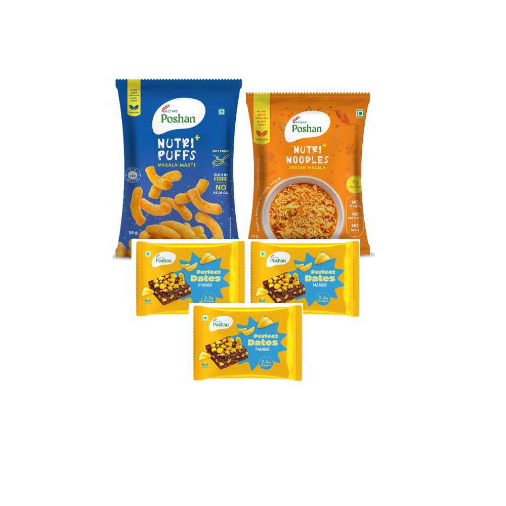 ACME Poshan Snack Variety Pack, Perfect Dates Mango of 3, Nutri+ Noodles Indian Masala, Nutri+ Puffs Masala Masti, No Palm Oil, High Protein Healthy Snacks Combo
