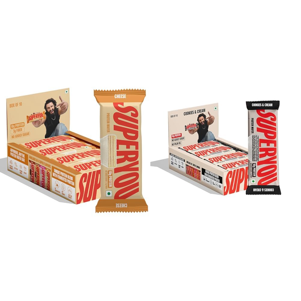 SuperYou Cheese Protein Wafer Bars (Pack of 10) and Cookies & Cream Protein Wafer Bars (Pack of 10) | 10g + 10g