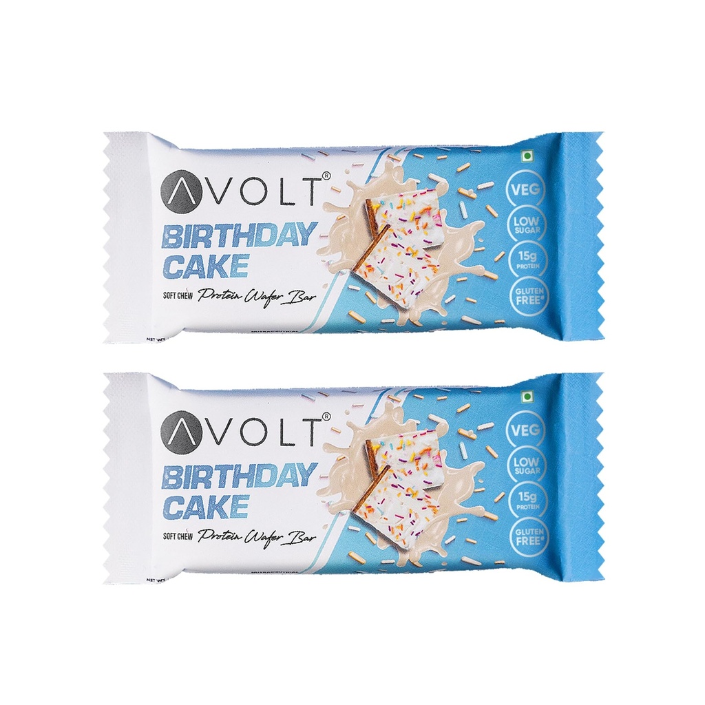 Avolt Birthday Cake Protein Bars with 15g Protein | Pack of 2 x 50g each | High Energy Wafer Bars, No Added Sugar | 100% Veg | Guilt-Free Bar for Fitness & Immunity Booster