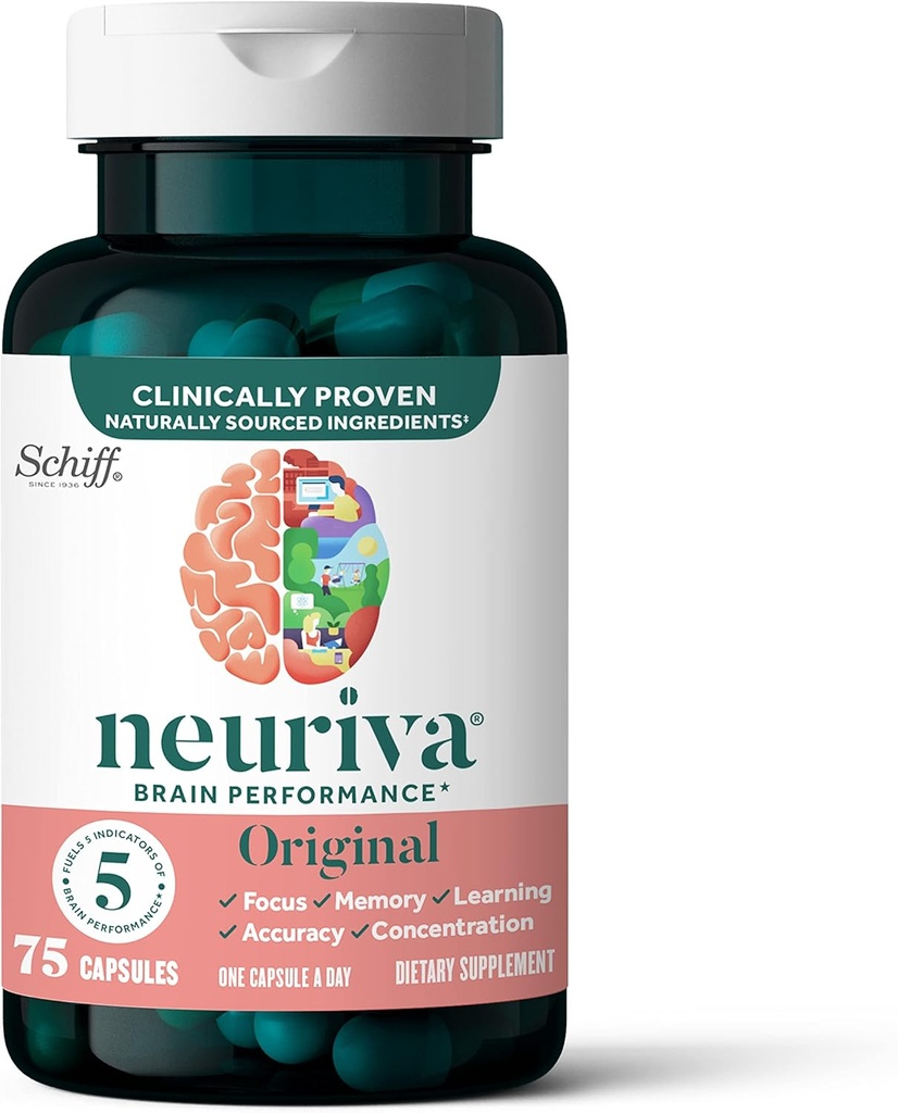 NEURIVA Original Brain Supplement for Memory, Focus & Concentration + Learning & Accuracy with Clinically Tested Nootropics Fosfatidylserine and Neurofactor, Cafeine Free, 75ct Capsules