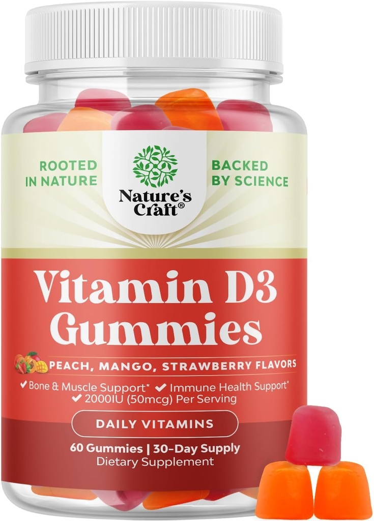 Natures Craft Vitamine D3 Gummies for Daily Wellness - Heerlijke D Volwassenen met 2000IE per Serving Bone Muscle & Immune Support Non-GMO Gelatine Glutenvrij (30 dagen levering)