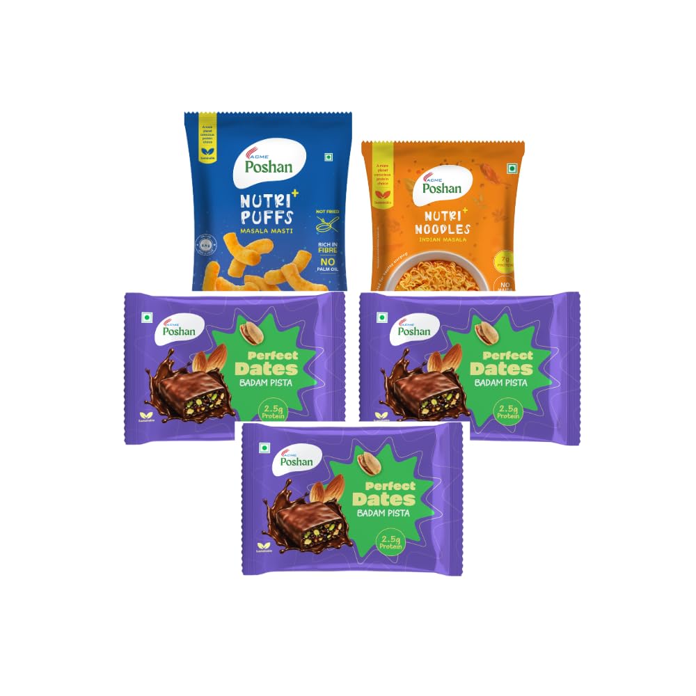 ACME Poshan Snack Variety Pack, Perfect Dates Badam Pista Pack of 3, Nutri+ Noodles Indian Masala, Nutri+ Puffs Masala Masti, No Palm Oil, High Protein Healthy Snacks Combo