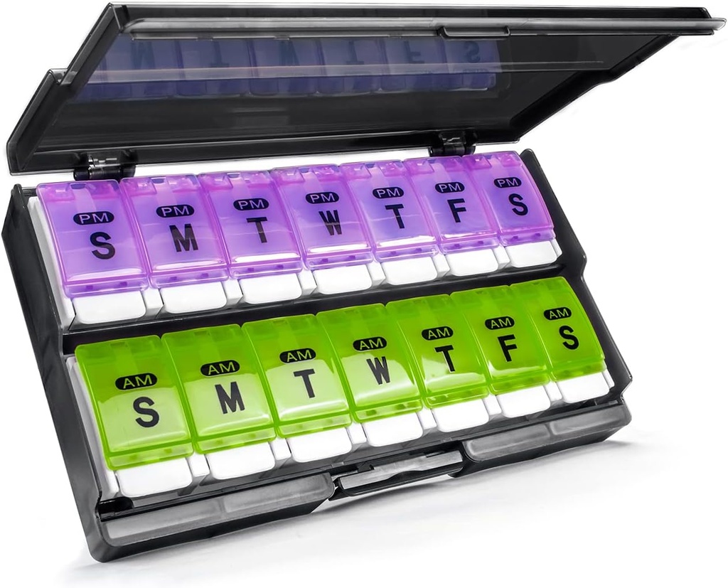 Extra Large Weekly Pill Organizer 2 keer per dag - Remtise Am / Pm Daily Pill Case Medicine Organizer, Push Knop 7 dagen pil Box voor pillen / Vitamin / Cod Leverolie / Complements (Paars & Green)