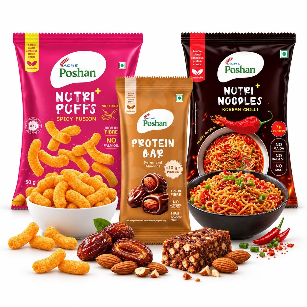 ACME Poshan Snack Variety Pack, Dates & Almonds Protein Bar, Nutri+ Noodles Korean Chilli, Nutri+ Puffs Spicy Fusion, High Protein, No Palm Oil, No MSG Healthy Snacks Combo, Pack of 3 (170g Total)