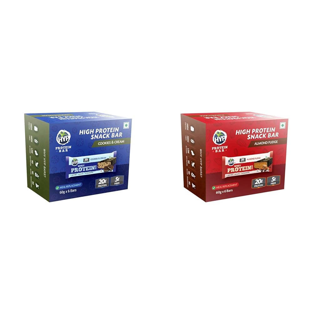HYP - Whey Protein Bar, Cookies and Cream (6x60g) | 20g Protein per bar | Gluten Free Protein Bars | HYP Meal Replacement Whey Protein Bar Pack of 6 (60g x 6) Almond Fudge