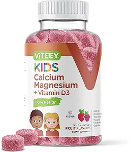 VITEEY Kids Calcium Gummies + Vitamine D3 & Magnesium Citraat voor kinderen en tieners - Ondersteunt bot gezondheid, Immuun ondersteuning, energie en spierfunctie - Glutenvrij, GGO-vrij - Smakelijk Kauwbaar fruit smaakt