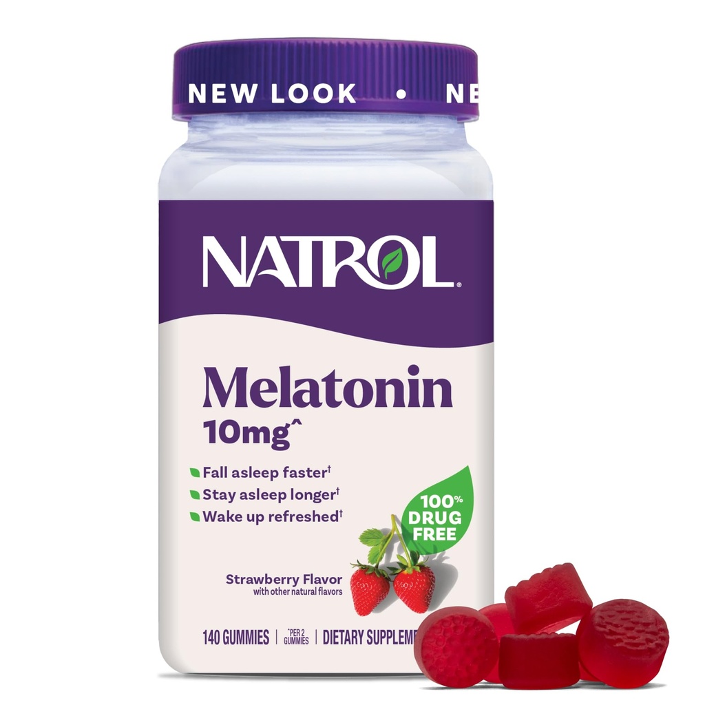 Natrol Melatonin Gummies, Soutien du sommeil pour les adultes, Melatonin 10 mg, 140 Strawberry-Flavored, jusqu'à 70 jours