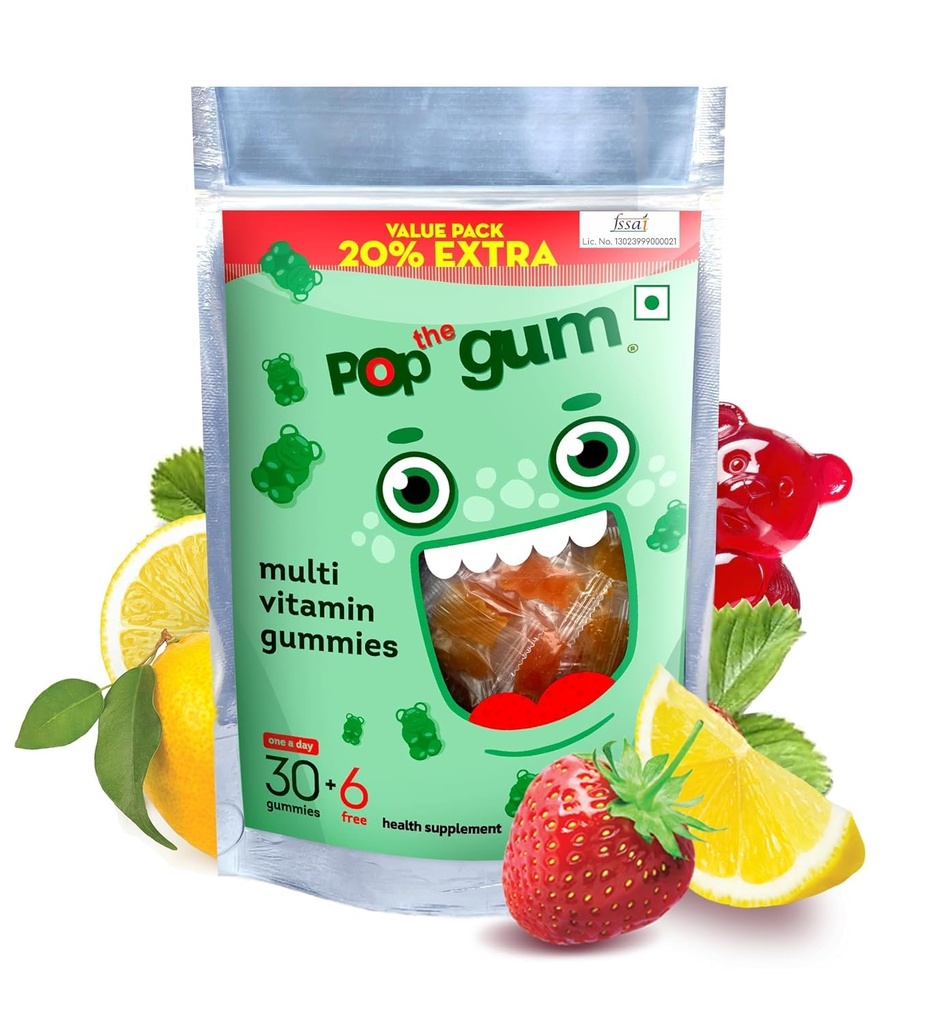 The Pop Gum Family Multivitamin Gummies (Kids & Adults) | Daily Nutritional Support with Vitamin C, D, E, B12, Zinc & Magnesium | Allergen Friendly, Milk & Gluten Free | 36 Gummies Pack