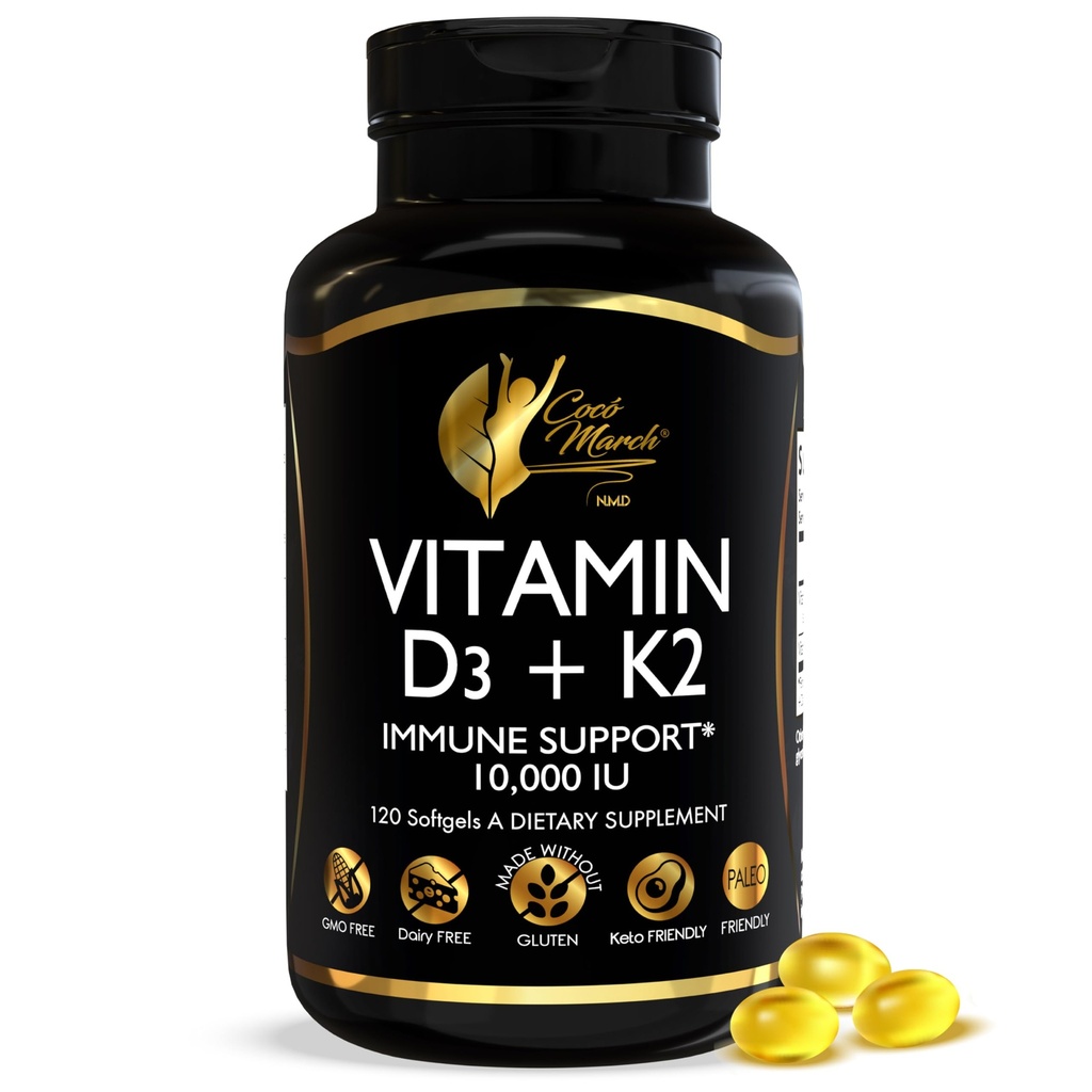 Cocó Mars N.M.D Vitamine D3+K2 10 000 UI - Supplément de puissance élevée pour les femmes et les hommes, soutien immunitaire, os et santé commune - sans gluten, sans OGM, approvisionnement de 4 mois, 250 mcg D3, 180 mcg de vitamine K2