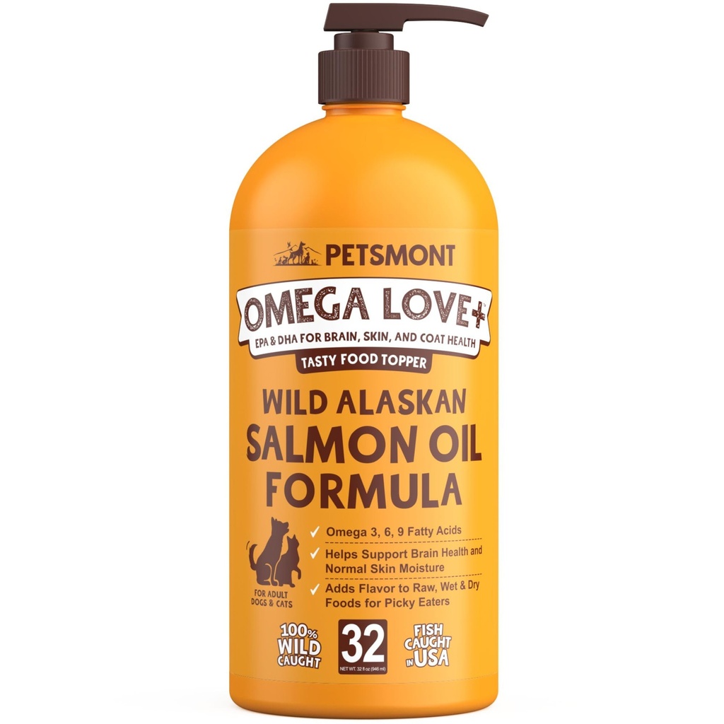 Petsmont Omega Love+ Wild Alaskan Salmon Oil for Dogs Formula 32 oz - Fish Omega Liquid Pump Cats soutient la fonction conjointe Immune coeur santé complément alimentaire Animaux Acide gras naturel EPA DHA