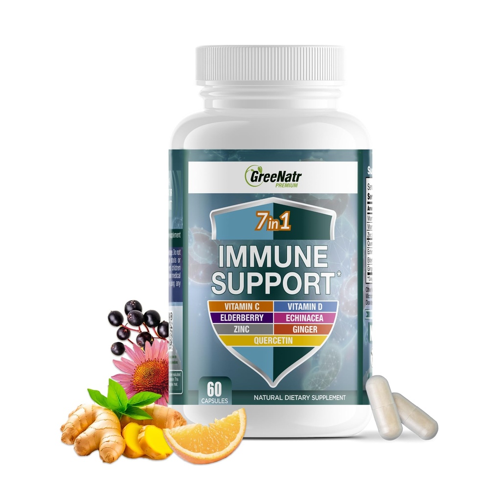 GreeNatr Immune Support Supplement with Vitamin C, D3, Zinc 50mg, Quercetin, Echinacea Purpurea, Sambucus Elderberry and Ginger for Complete Immune Defense - 60 Capsules (1 Bottle)