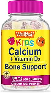 WellYeah Calcium 500mg + Vitamine D3 1000 IE (25 mcg) Gummies for Kids - Bone Health and Muscle Supprt, Immune Support Gummy, Non GMO, Gluten Free, Mix Fruit Smaken - 60 Gummies