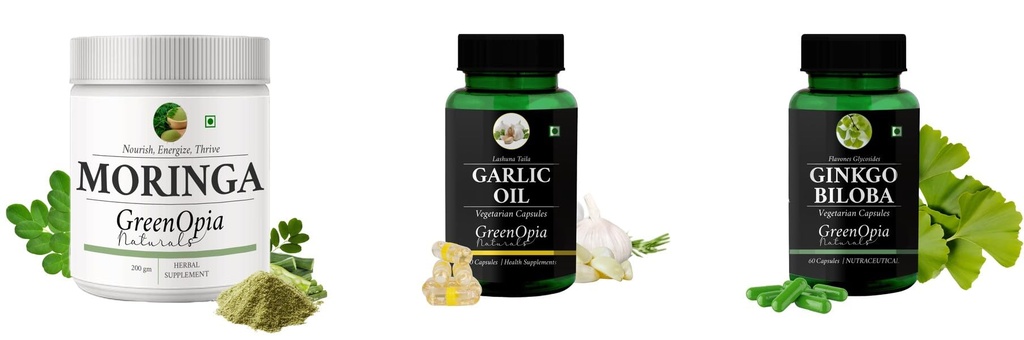 Moringa-oleifera-powder, Garlic-oil-vegetarian-capsules, Ginkgo-biloba-vegetarian-capsules Combo | Convenient Nutrition & Wellness Routine | Multi-Product Pack