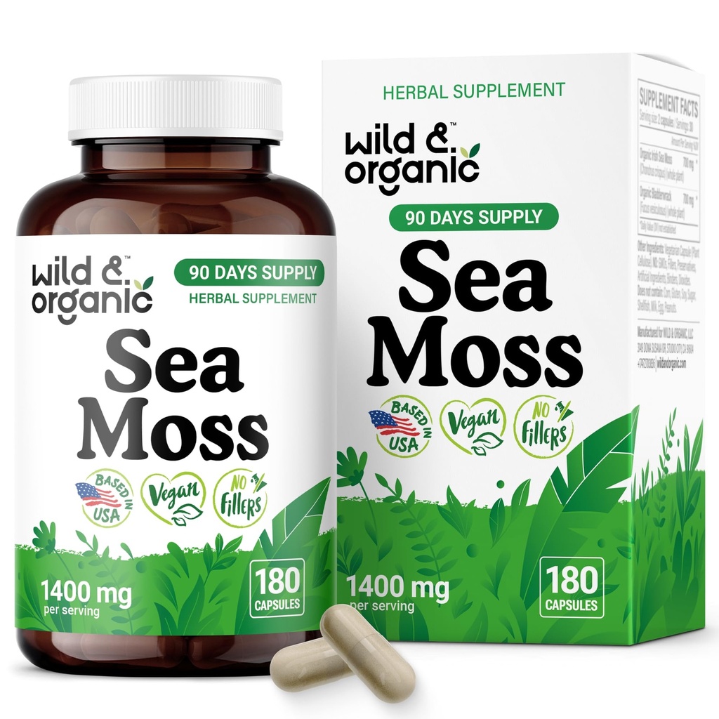 Wild & Organic Sea Moss Capsules - Irish Sea Moss Complex with Bladderwrack & Burdock Root for All Well-Being - 180 Vegan Seamoss Capsules