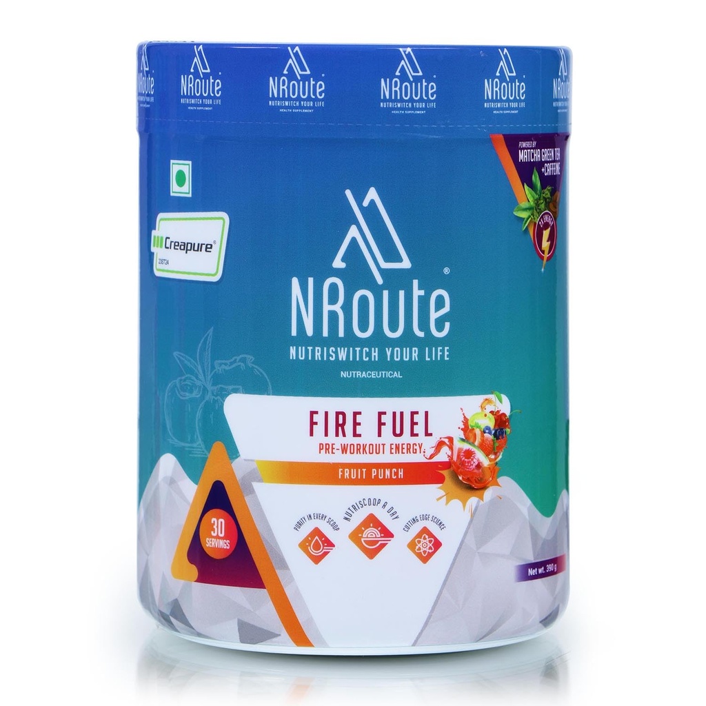 NRoute Firefuel Preworkout Energy Powder with Beta Alanin Caffeine L-Citrulline L-Arginine Creapure Electrolyte Blend & Matcha Green Tea Extract for Strength & Workout Performance Fruit Punch 390gm