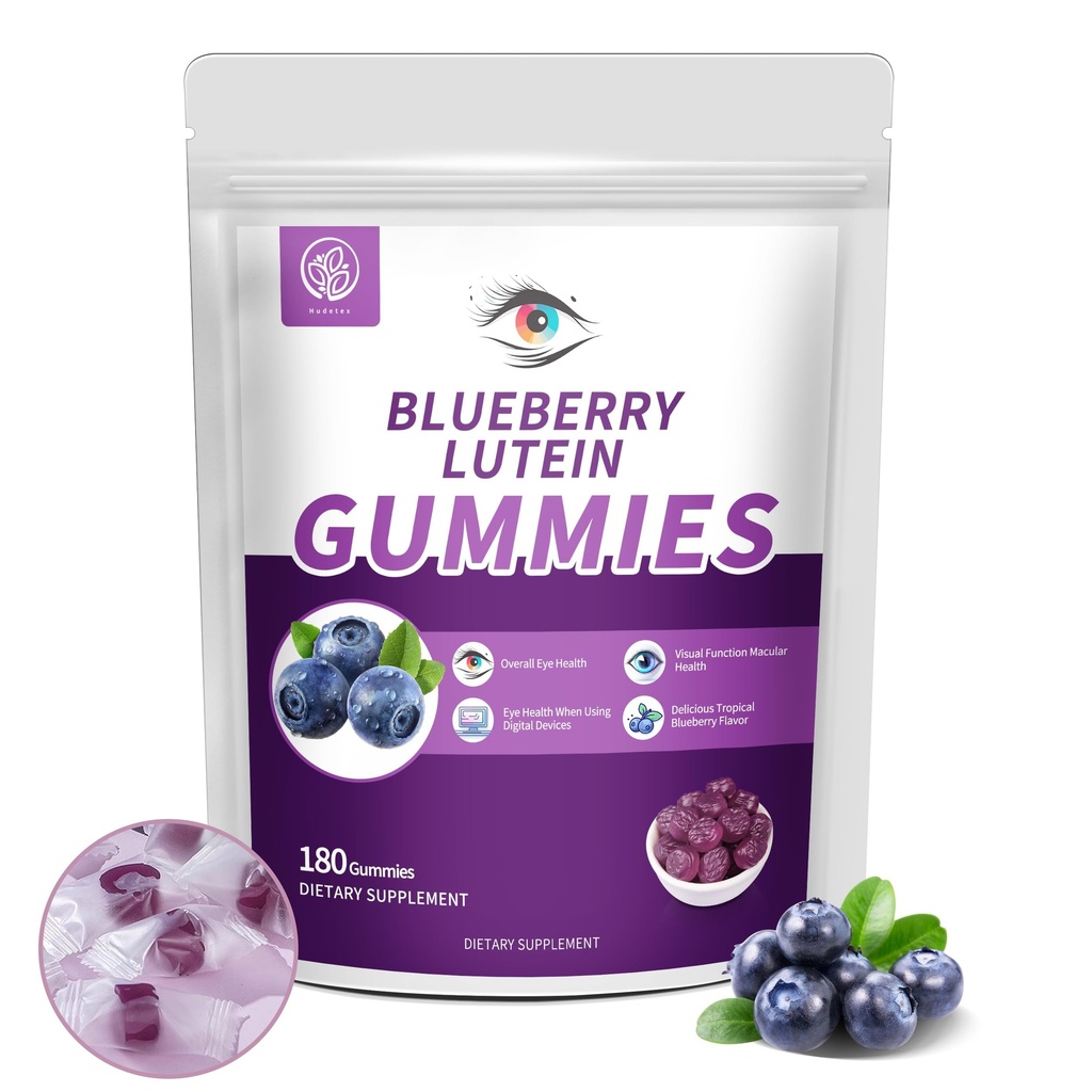 Blueberry Lutein Eye Vitaminen Gummies met 180 Telling - 3 Maanden Supply, Vegan Eye Health Supplement voor kinderen en volwassenen, Lutein Gummies voor Vision Clarity en Blue Light Ondersteuning