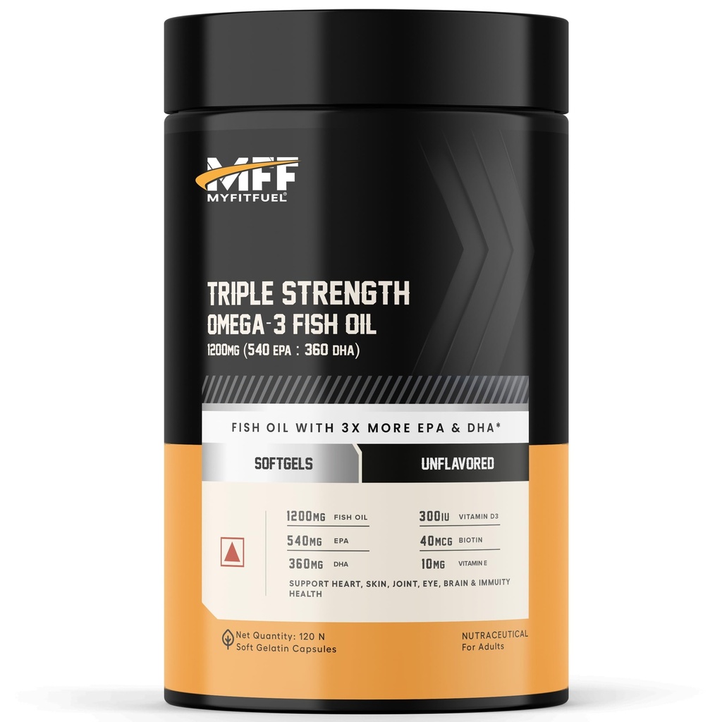 MyFitFuel Triple Strength Omega 3 Fish Oil With Vitamins, 1200mg (540 EPA 360 DHA) Per Softgel | 2400mg Omega (1080 EPA, 720 DHA) Per 2 Softgel | 3x Omega For Men & Women, No Fishy Burps, 120 softgels