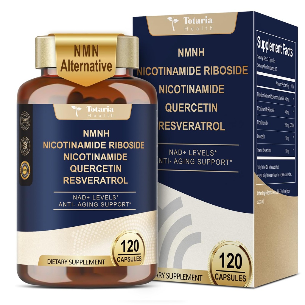 Totaria NMNH (Dihydronicotinamide Mononucleotide), NMN Alternative Supplement w/Niacinamide (Vitamine B3), quercetine, Trans-Resveratrol, Support NAD+, Skin Cell Health*, Anti-Aging & Energy, 120 Caps