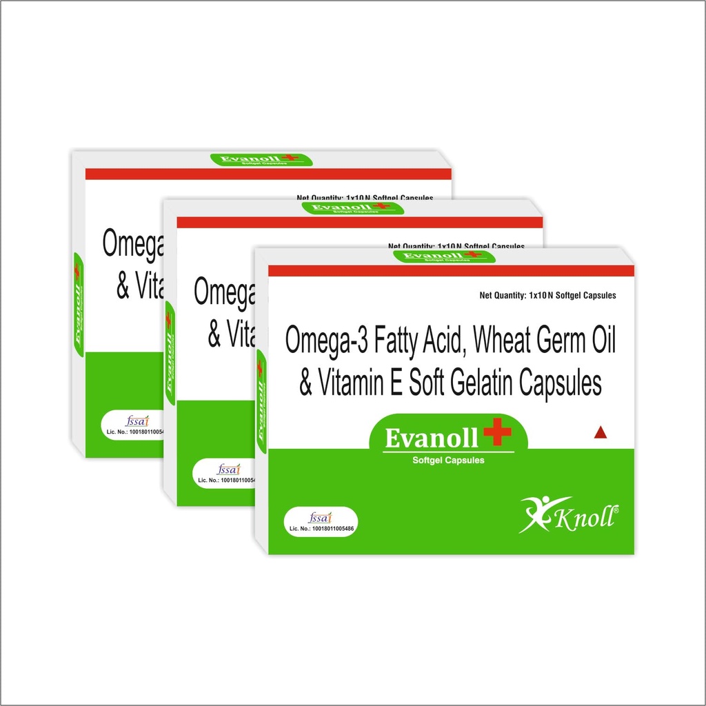 Knoll Healthcare Evanoll Plus Omega 3 Fish oil Capsules Fatty Acid Wheat Germ Oil & Vitamin E Capsules Hair Skin joint health 30 Capsules (Pack of 3)