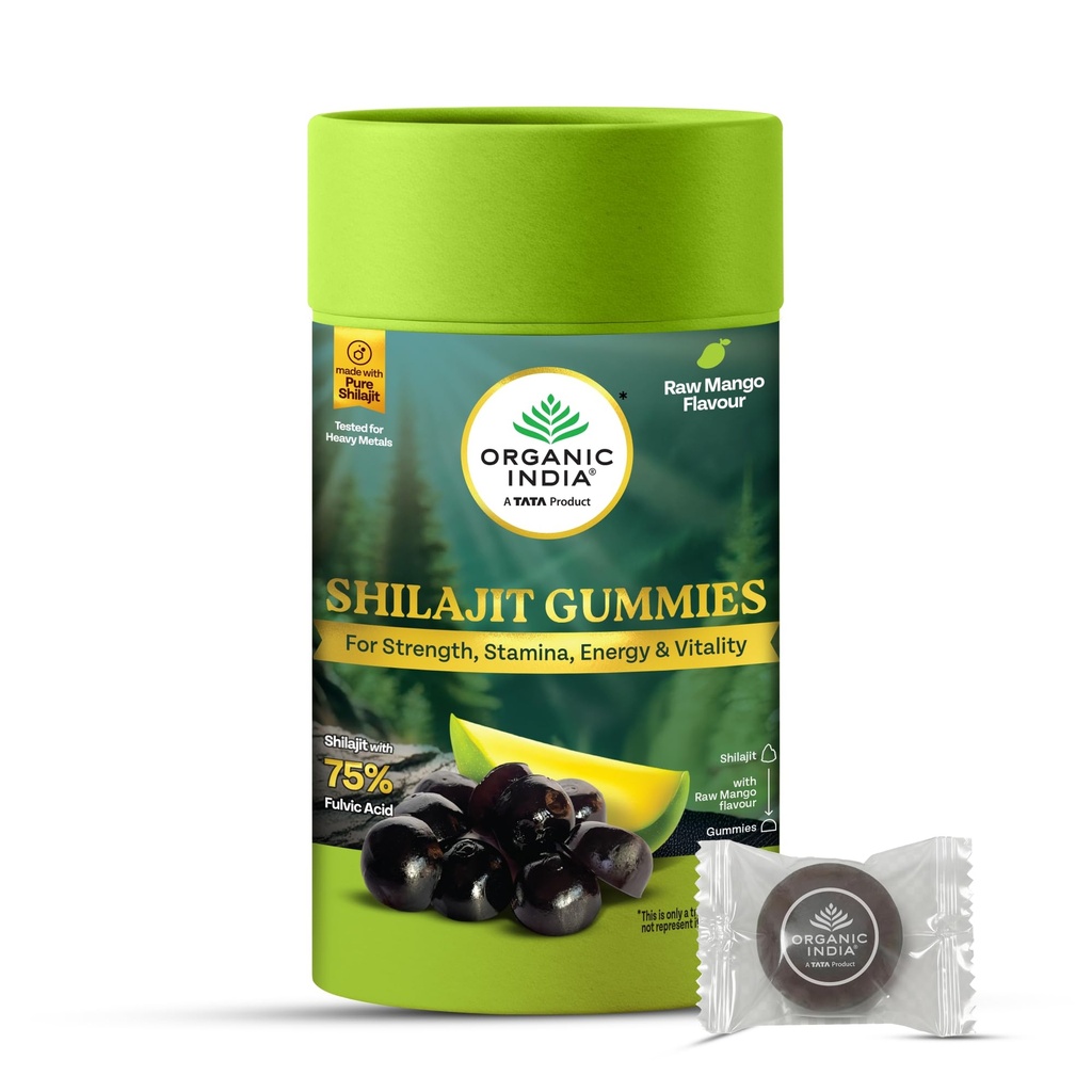 A TATA PRODUCT - Organic India Shilajit Gummies, 60 Units, Pure Shilajit with 75% Fulvic Acid, Raw Mango Flavour, Boosts Strength, Stamina C Vitality, Ayurvedic Wellness Gummies