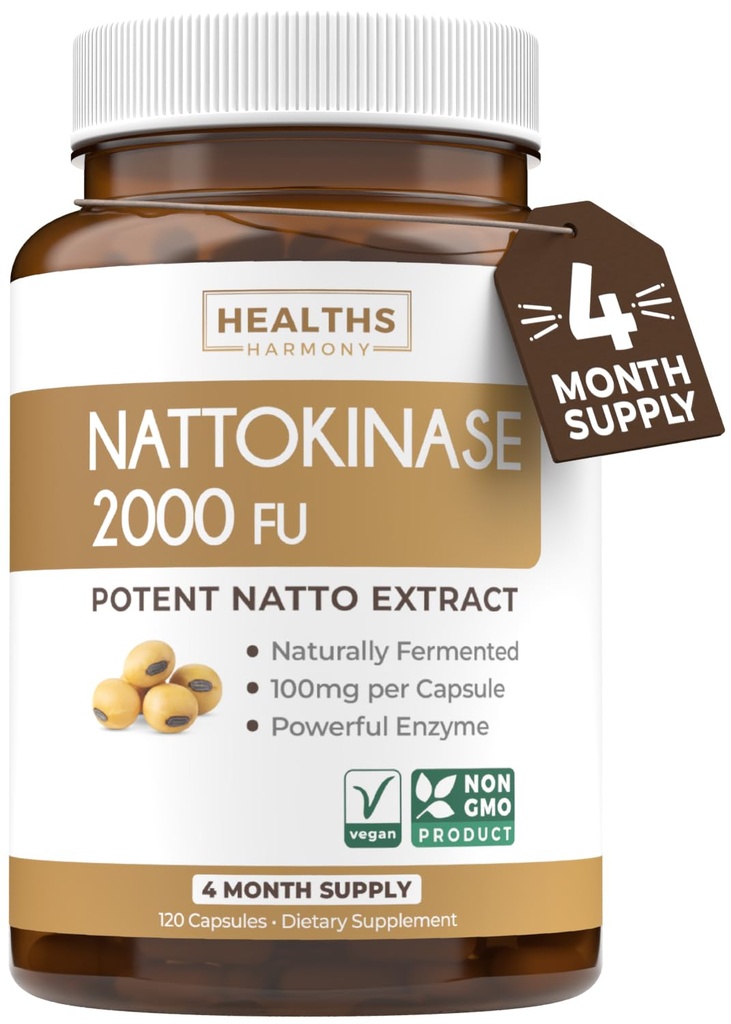 Gezondheiden Harmony Nattokinase 2000 FU (Non-GMO) Krachtige Nattokinase supplement Gemaakt van natuurlijk gefermenteerde soja - (4 maand levering) 120 Vegan Natto Capsules