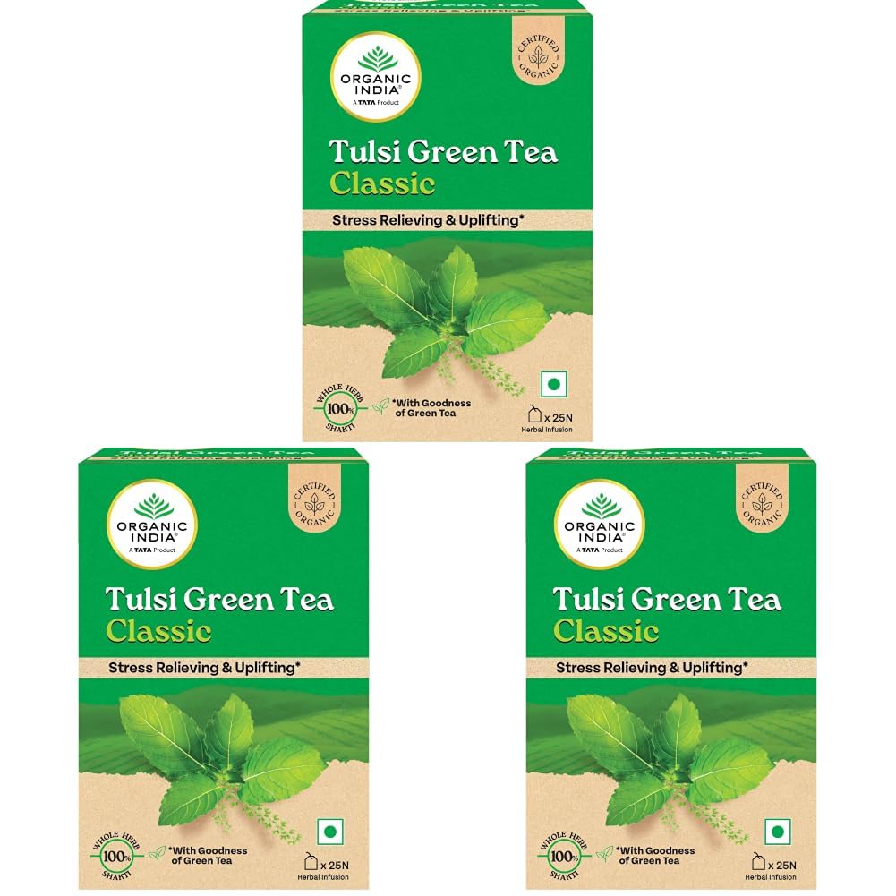 A TATA Product - Organic India Tulsi Green Tea Classic - 25 Tea Bags, Uplifts Mood, Rich in Antioxidants, Blend of Rama, Krishna & Vana Tulsi, Certified Organic (Pack of 3)
