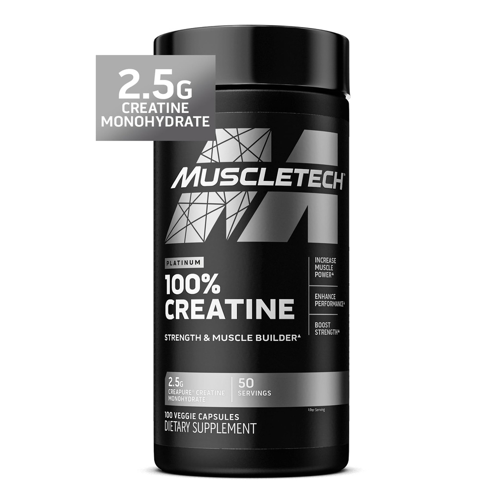 MuscleTech Platinum Creatine Monohydraat Capsules - Creapure Creatine Pre & Post Workout Muscle Builder, Muscle Recovery & Energy Boosting Supplement voor mannen en vrouwen - 100 Veggie Pillen