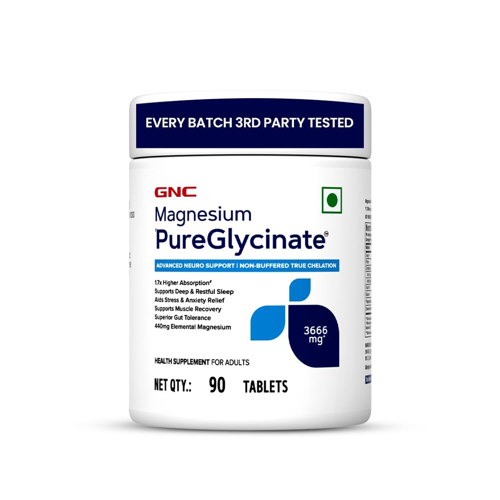 GNC Magnesium PureGlycinate 3666mg | 100% Non-Buffered | 440mg Elemental Magnesium | Supports Deep Sleep, Stress Relief & Faster Recovery | Superior Absorption | 90 Tablets