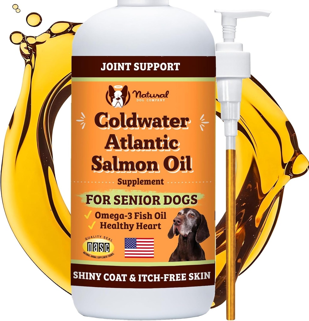 Natural Dog Company Coldwater Atlantic Salmon Oil for Dogs (16oz) - Senior Dog Fish Oil Supplement met Omega 3, Makkelijk te onderscheiden voor Senior Dog Fish Oil, Liquid Dog Fish Oil Joint Support Supplement