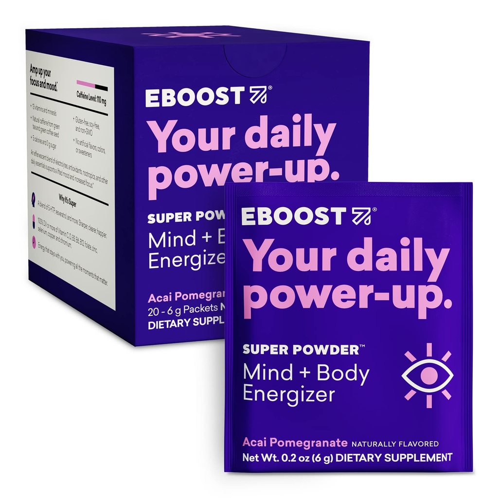 EBOOST Super Energy Powder Drink Mix, Non-GMO Electrolyte Supplement geladen met vitamines (Acai Granaatappel), 0,2 Ounce (verpakking van 20)