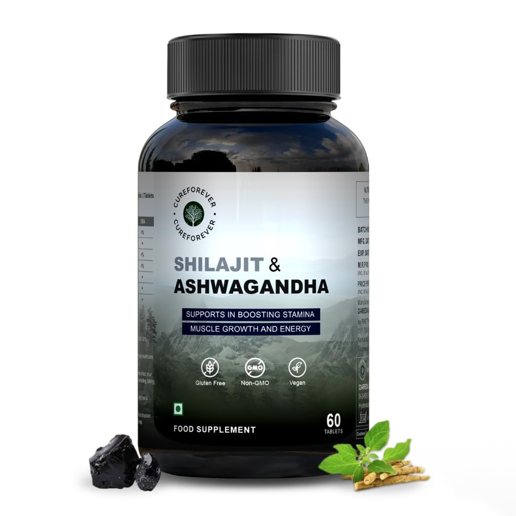 CUREFOREVER Shilajit & Ashwagandha 1000mg | Lab Tested Himalayan Shilajeet (500mg) + Ashwagandha (500mg) | Powerful Duo Formula for Energy, Strength & Stress Relief | Immunity booster for Men & Women | 60 Tablet