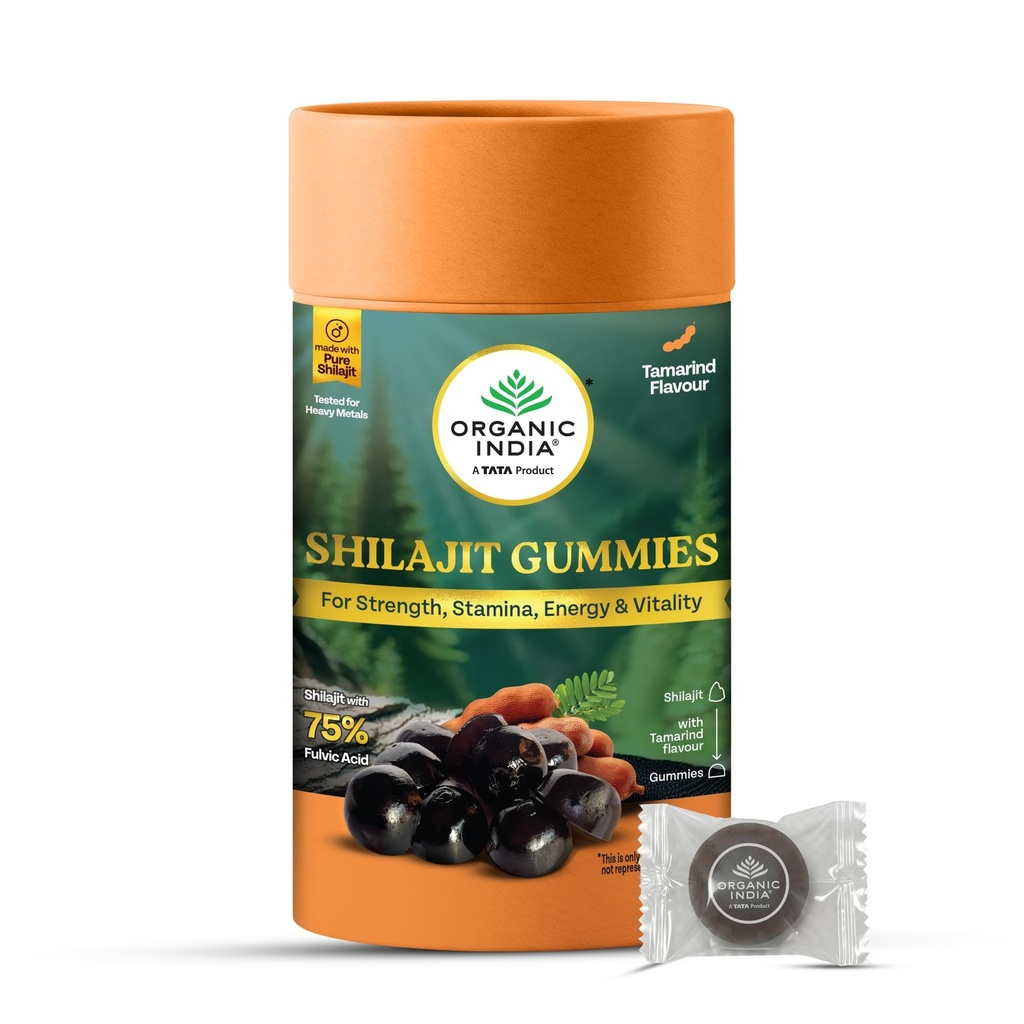A TATA PRODUCT - Organic India Shilajit Gummies, 60 Units, Pure Shilajit with 75% Fulvic Acid, Tamarind Flavour, Boosts Strength, Stamina C Vitality, Ayurvedic Wellness Gummies