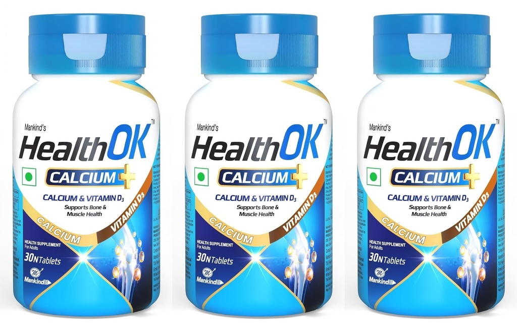Mankind Health OK Calcium Tablets with Vitamin D3 - Advanced Bone Density, Joint Mobility & Muscle Strength Support Formula - 30 Tablets Pack x Pack of 3