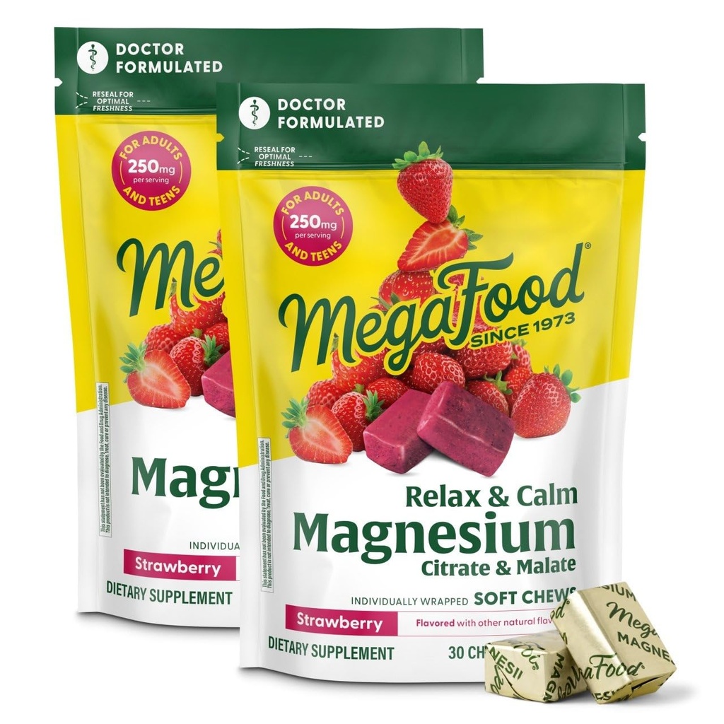 MegaFood Relax + Kalm Magnesium Supplement - Zachte Kauwen met Magnesium Citraat & Malate voor de gezondheid van het hart, spierspanning & More - Vegetarisch - Aardbei Smaak - 30 Kauwen per Pack (2 Pack)