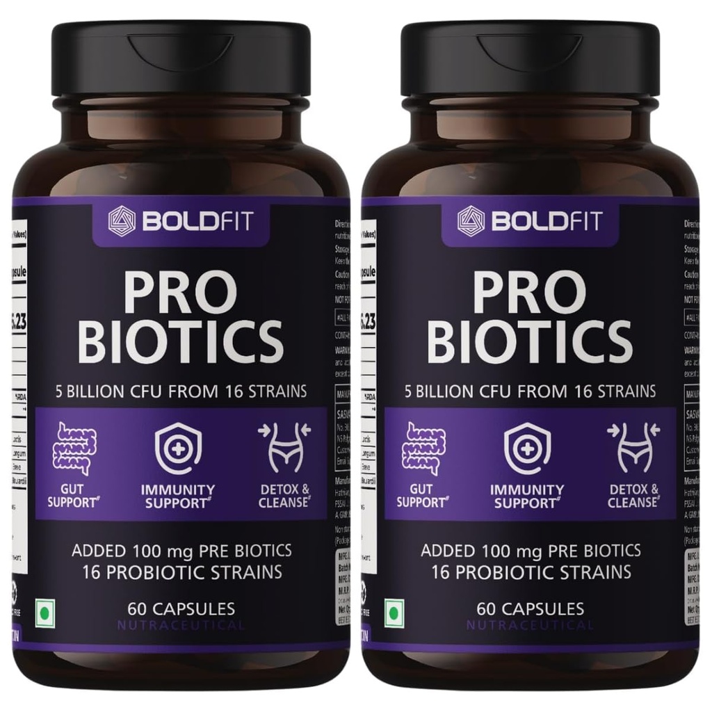 Boldfit Probiotics 5 Billion CFU with 16 Strains and Prebiotics for Gut Cleanse Detox Digestive Health Bloating Relief Constipation Probiotic Supplement for Men and Women Supports Immunity Booster - 120 Veg Capsules