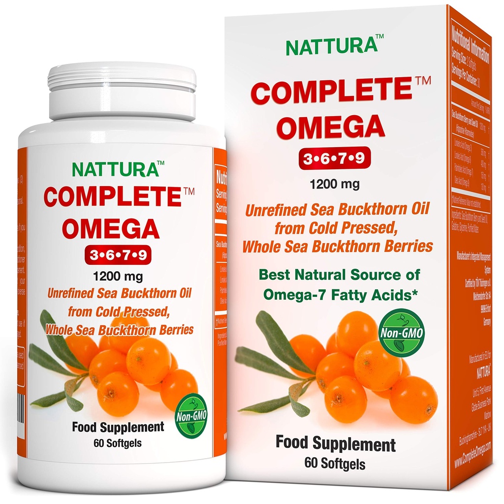 Nattura Complete Omega 3-6-7-9, Pure Sea Buckthorn Oil, Europese kwaliteit, van ongeraffineerde, koude geperste hele zee Buckthorn Wilde Bessen - 1.200mg - 2 flessen