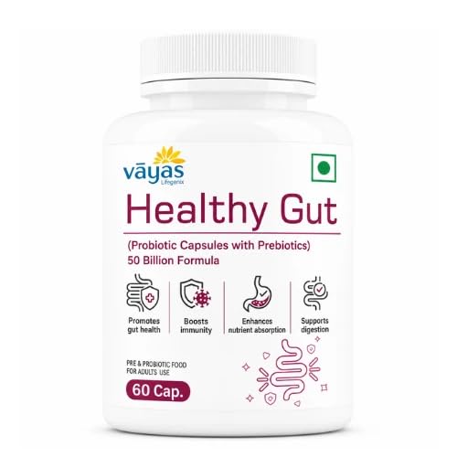 Vayas Life Healthy Gut Probiotic with Prebiotics | 15 Clinically Researched Strains | Supports Digestive Balance & Reduces Bloating | 60 Capsules