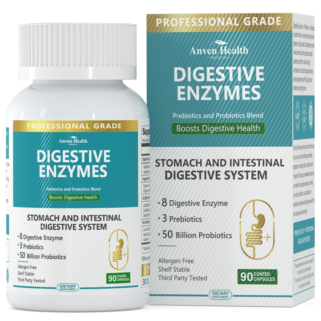 800 mg Digestieve enzymen voor mannen en vrouwen met probiotica en biologische prebiotica, 8 belangrijke enzymen, Protease, Amylase & Lipase voor opgeblazen gevoel, gasreliëf, niet-GMO-capsules