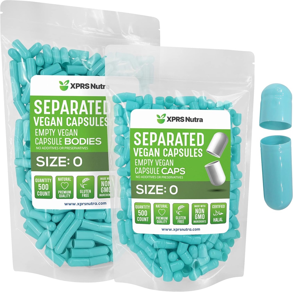 XPRS Nutra Vegan Maat 0 Gescheiden Capsules - 500 Tel Premium Lege Capsules Gescheiden in Zakken - Pillen 0 Leeg voor DIY supplement vullen (Aqua)