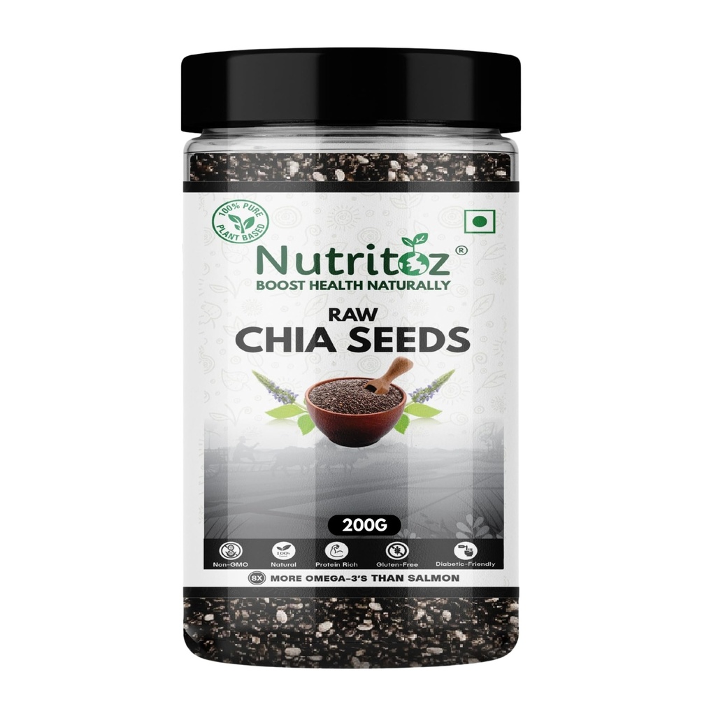 Nutritoz Natural Raw Chia Seeds | Weight Loss with Omega 3, Fiber, Calcium and Zinc (200 g) Black