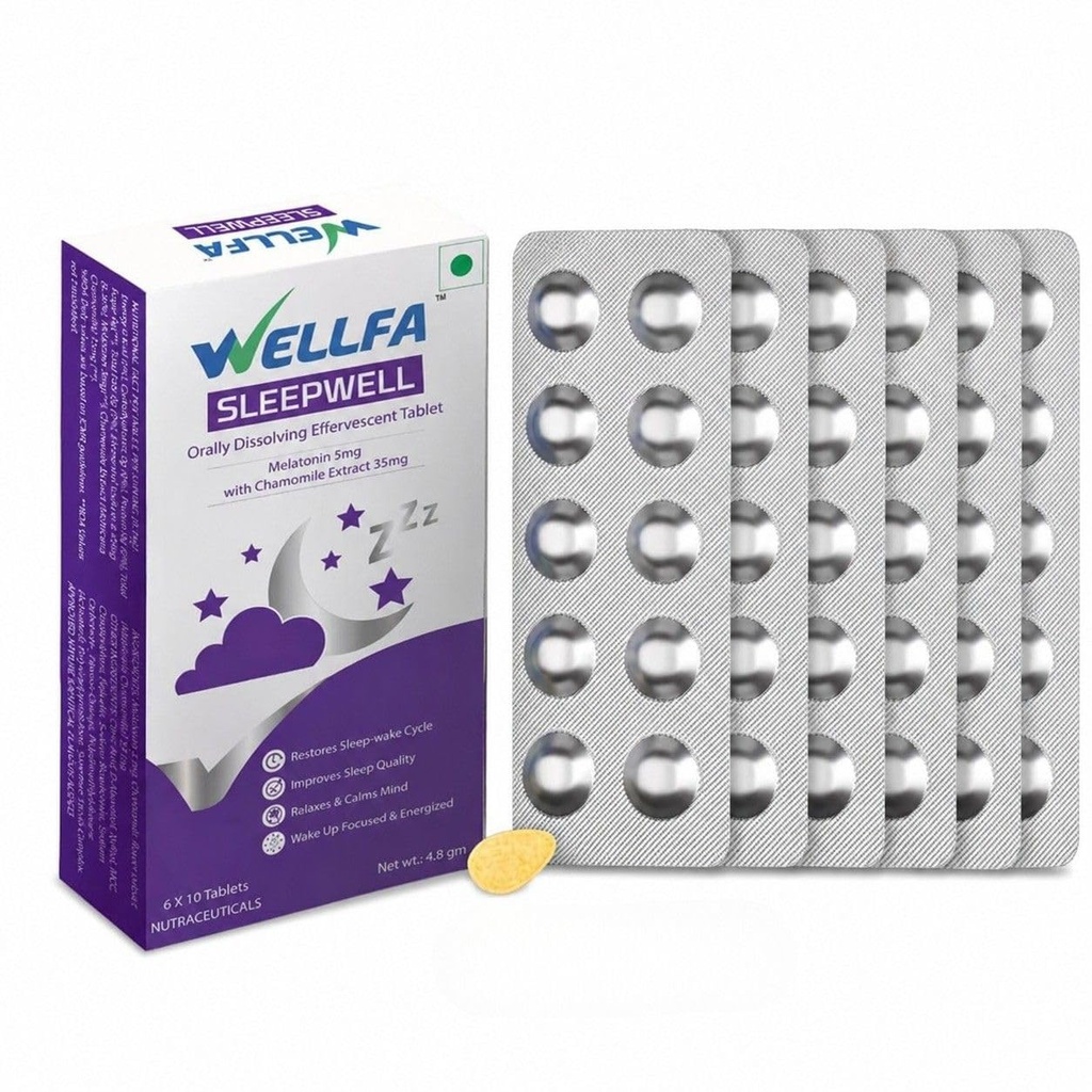 Sleepwell Melatonin 5mg Sleep Supplement | Dissolving Effervescent Tablets with Chamomile | Better than Sleep Gummies & Strips | Sleep Aid for Stress Relief & Insomnia (60 Tablets, Pack of 2)