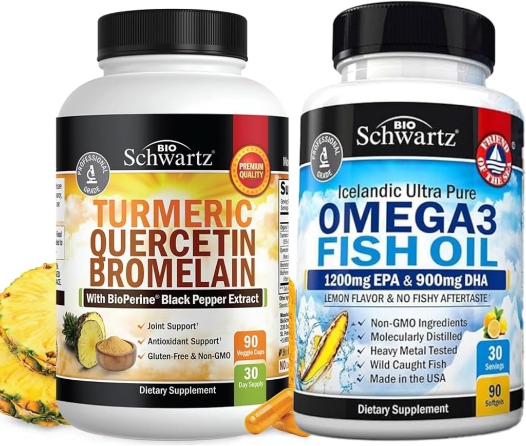 Kurkuma Quercetine met Bromelaine Supplement (1 maand levering) Plus Triple Strength Omega 3 Visolie Softgels (1 maand levering)