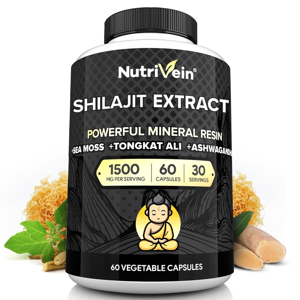 Nutrivein Premium Pure Himalaya Shilajit voor mannen en vrouwen - 1500 mg - 60 capsules- Krachtig harsextract gemengd met Ierse zeemossen, Tongkat Ali, & Ashwagandha - vitaliteit, helderheid, & prestaties