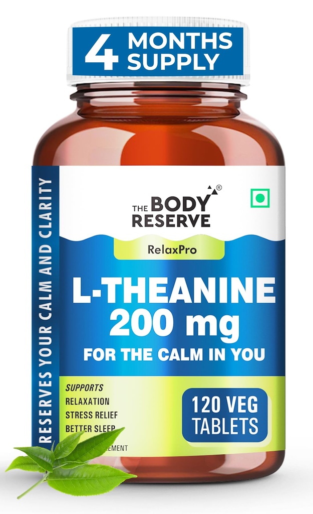 The Body Reserve L-Theanine 200mg 120 Veg Tablets L Theanine Supplements Supports Stress Relief, Reduce Anxiety, Brain Health & Promotes Relaxation